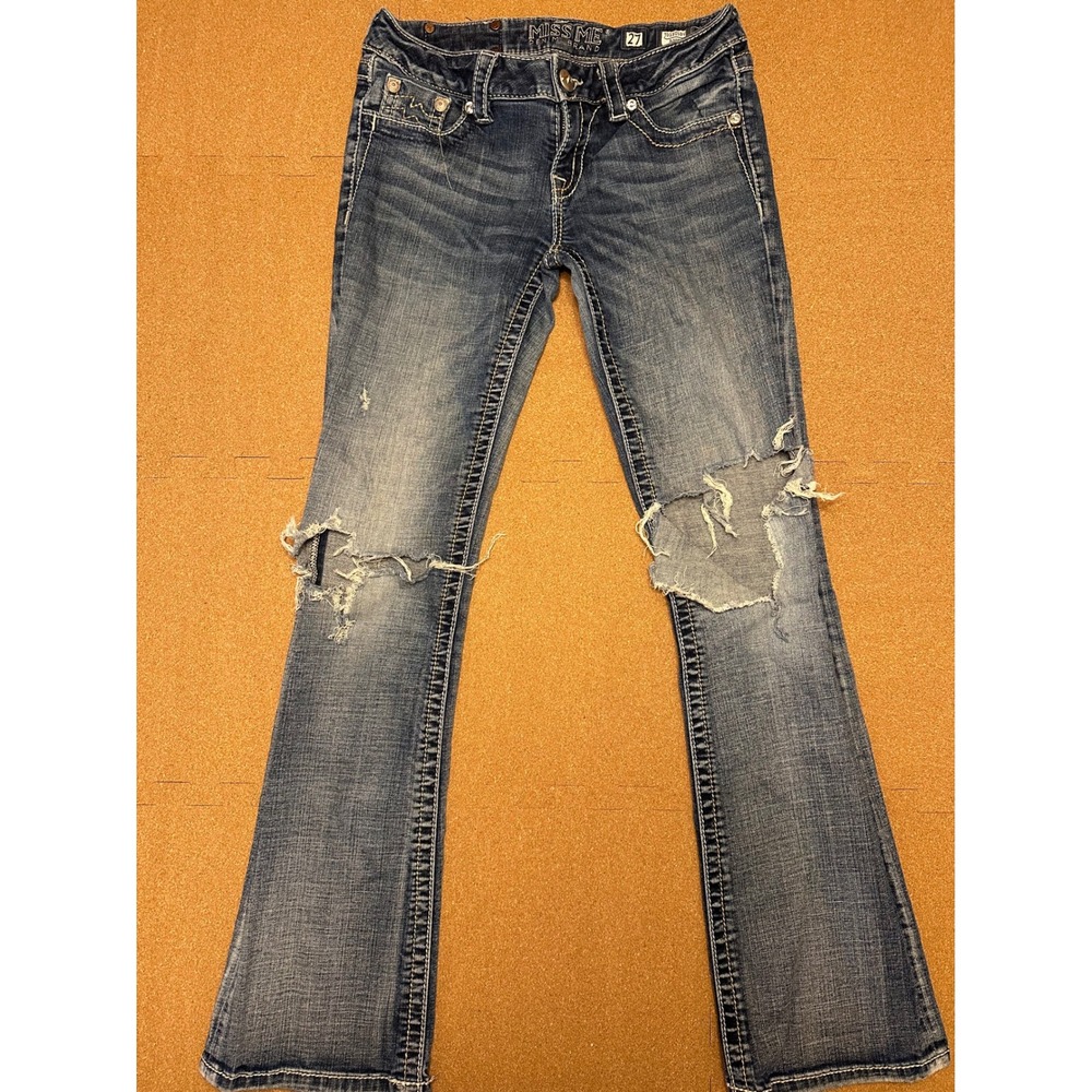 Miss Me Bootcut Jeans Womens 27 Blue Distressed JD1103BV Rhinestone Low Rise